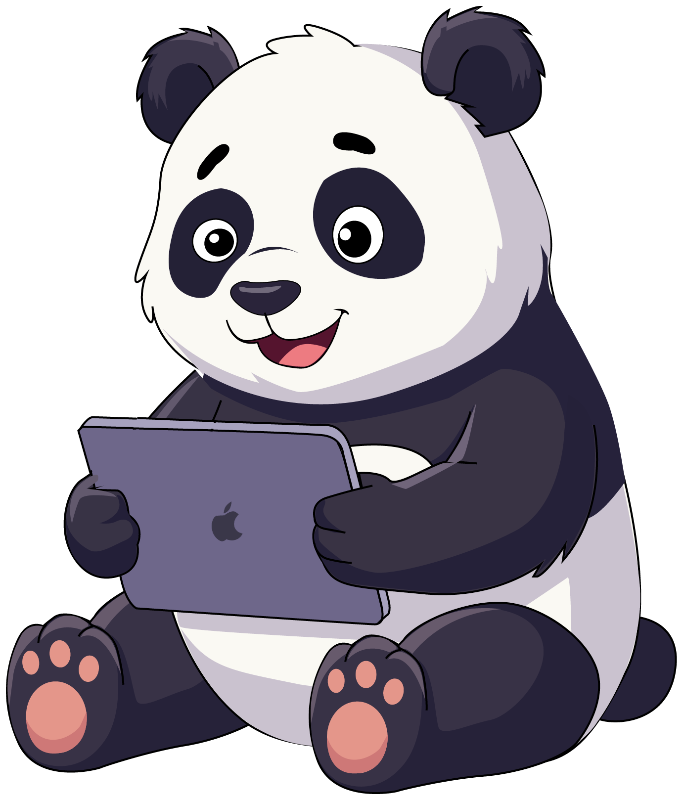 Panda mascot holding a tablet